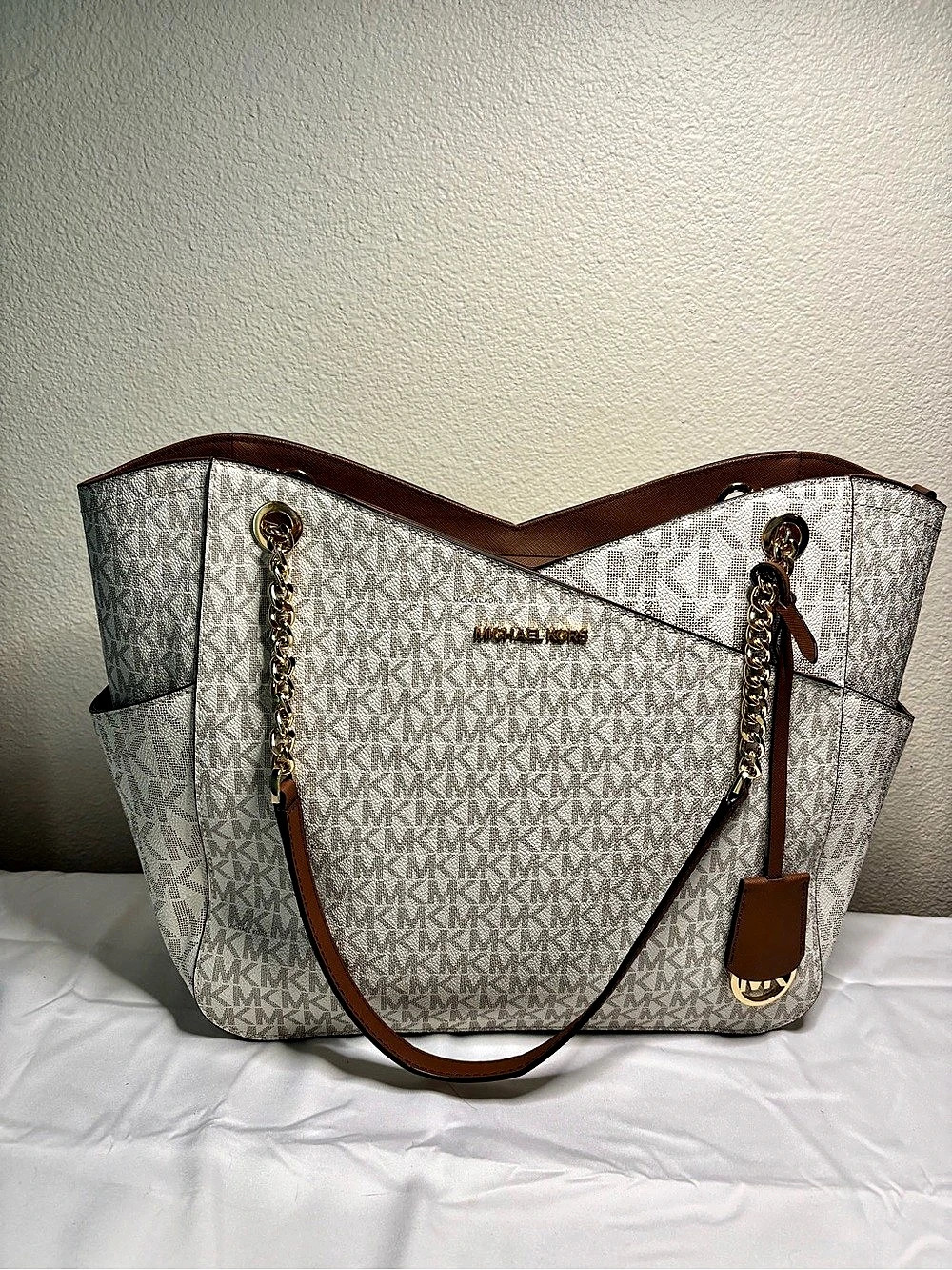 Michael Kors Jet Set Large Signature Logo Shoulder Bag Tote White & Brown